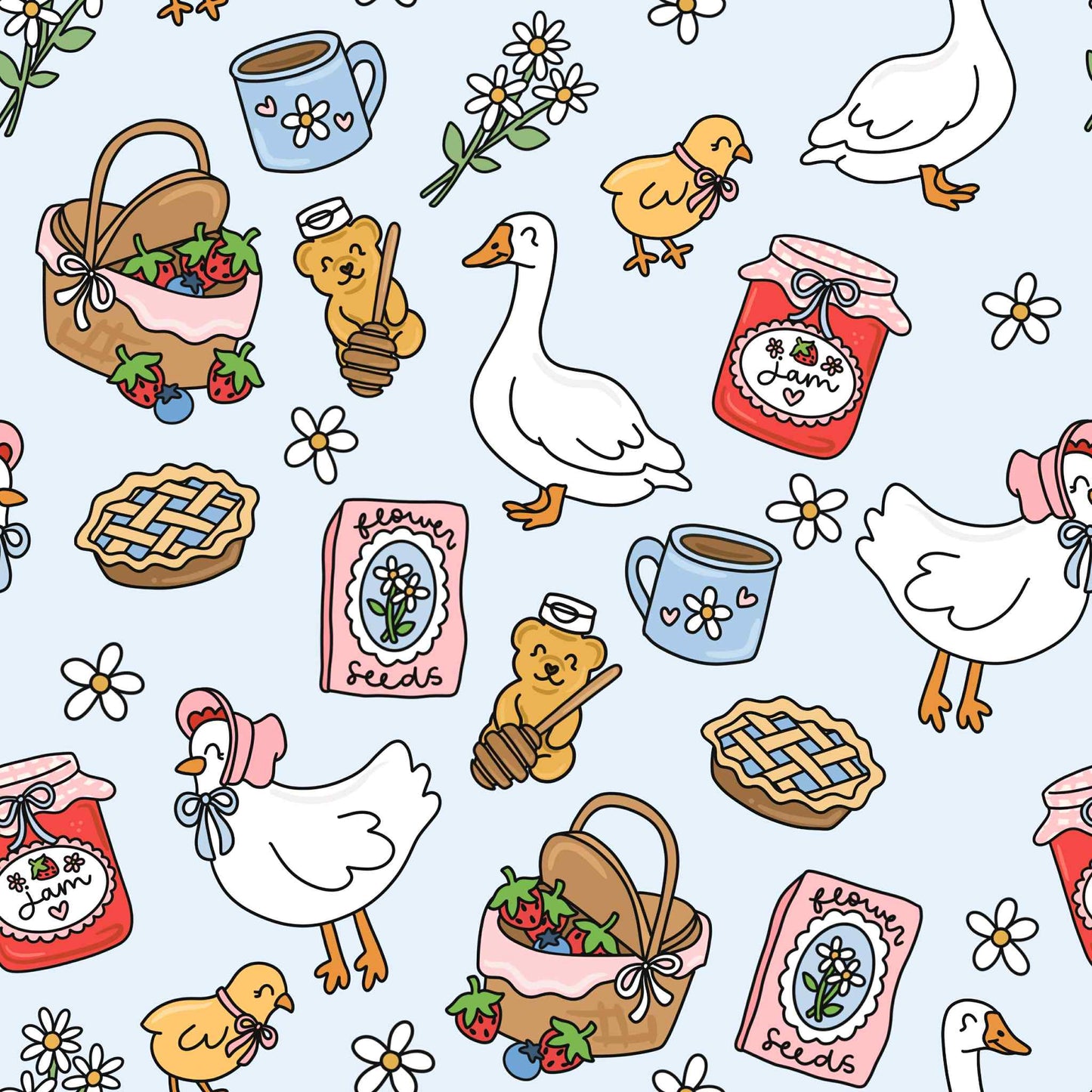 cottage core themed print of geese, picnic basket, bears with honey and flowers