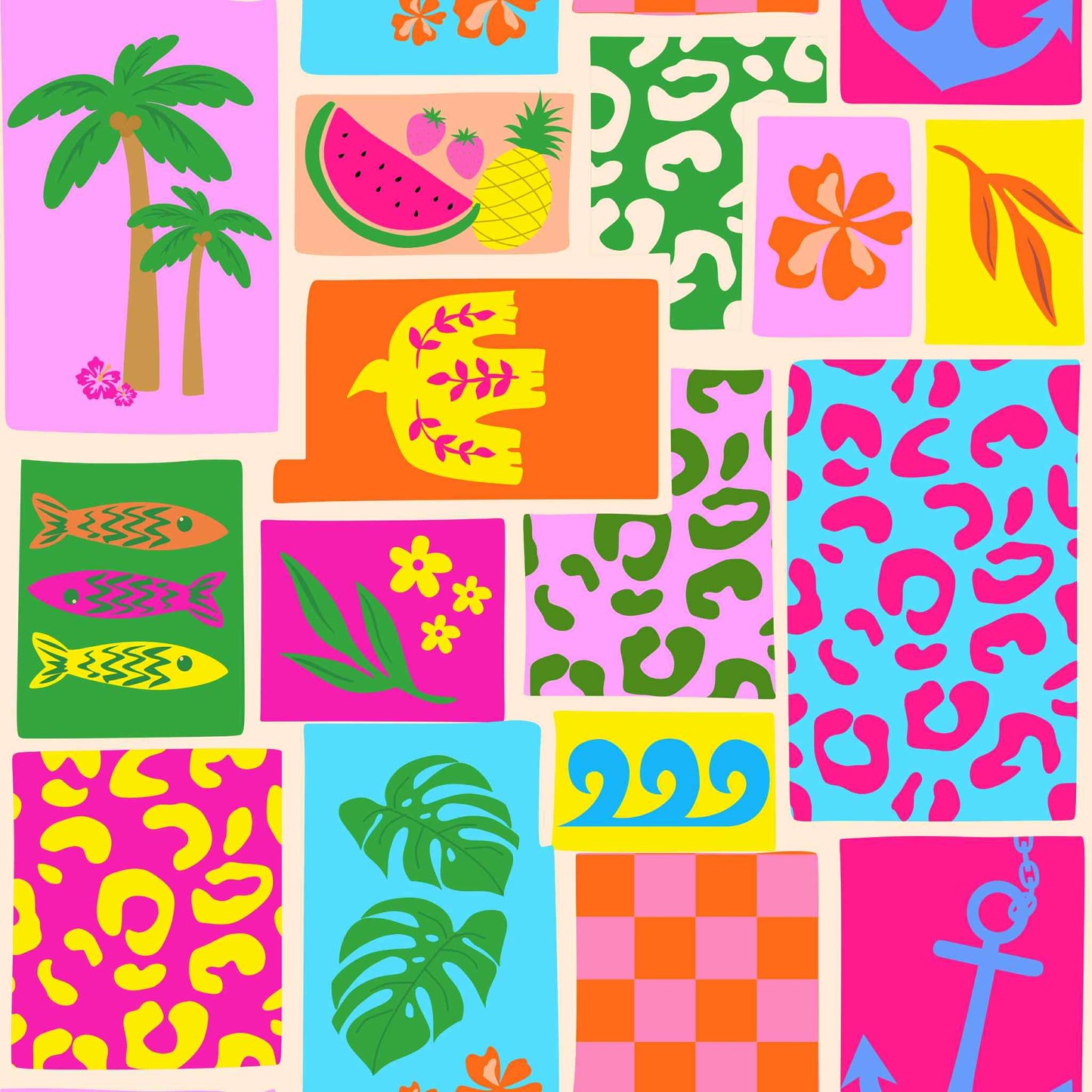 pattern that is bright and fun, with summery colours and vibes. it has fish, fruit and palm trees on it for summer.