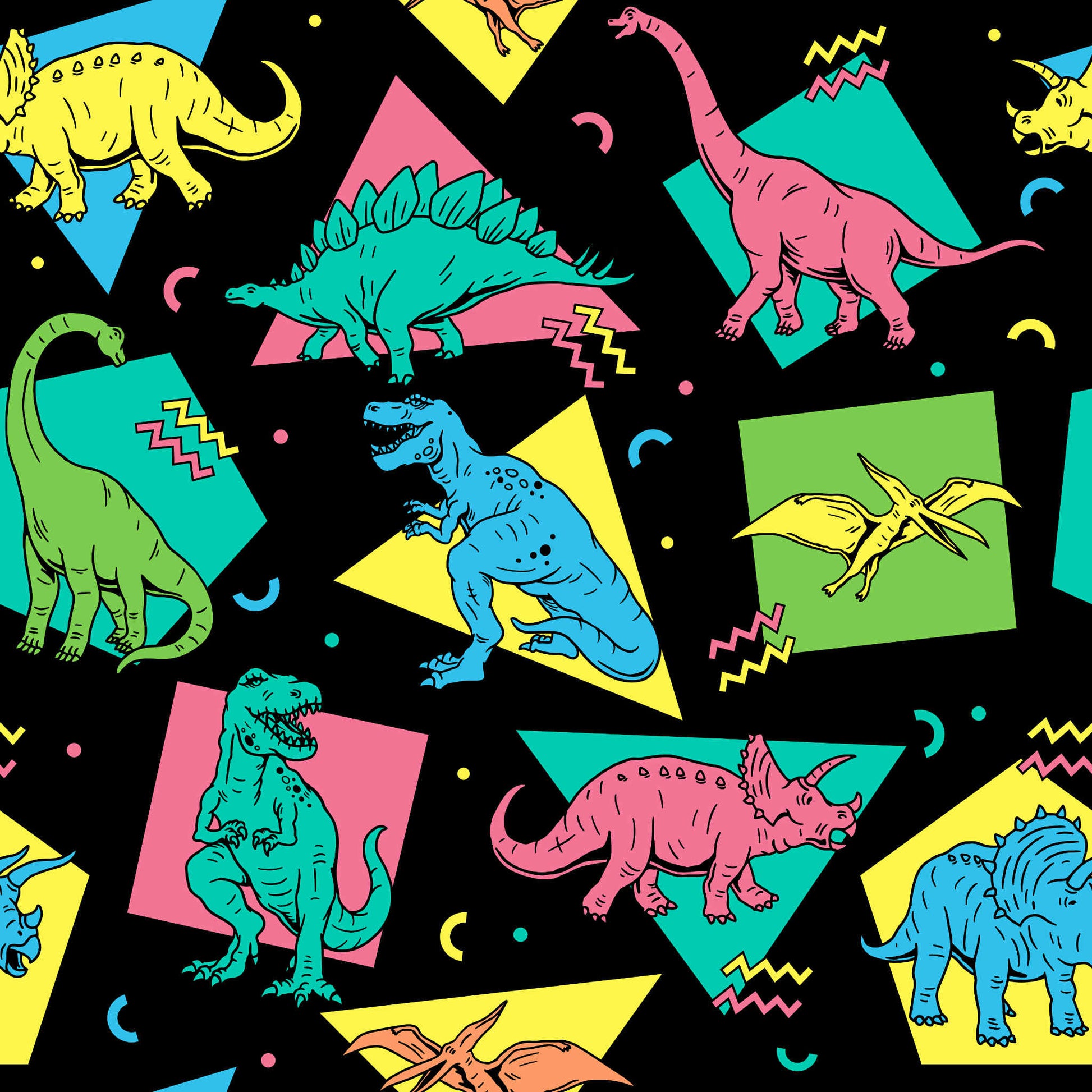 black background with bright coloured retro Dino prints