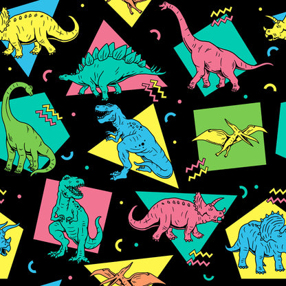 black background with bright coloured retro Dino prints